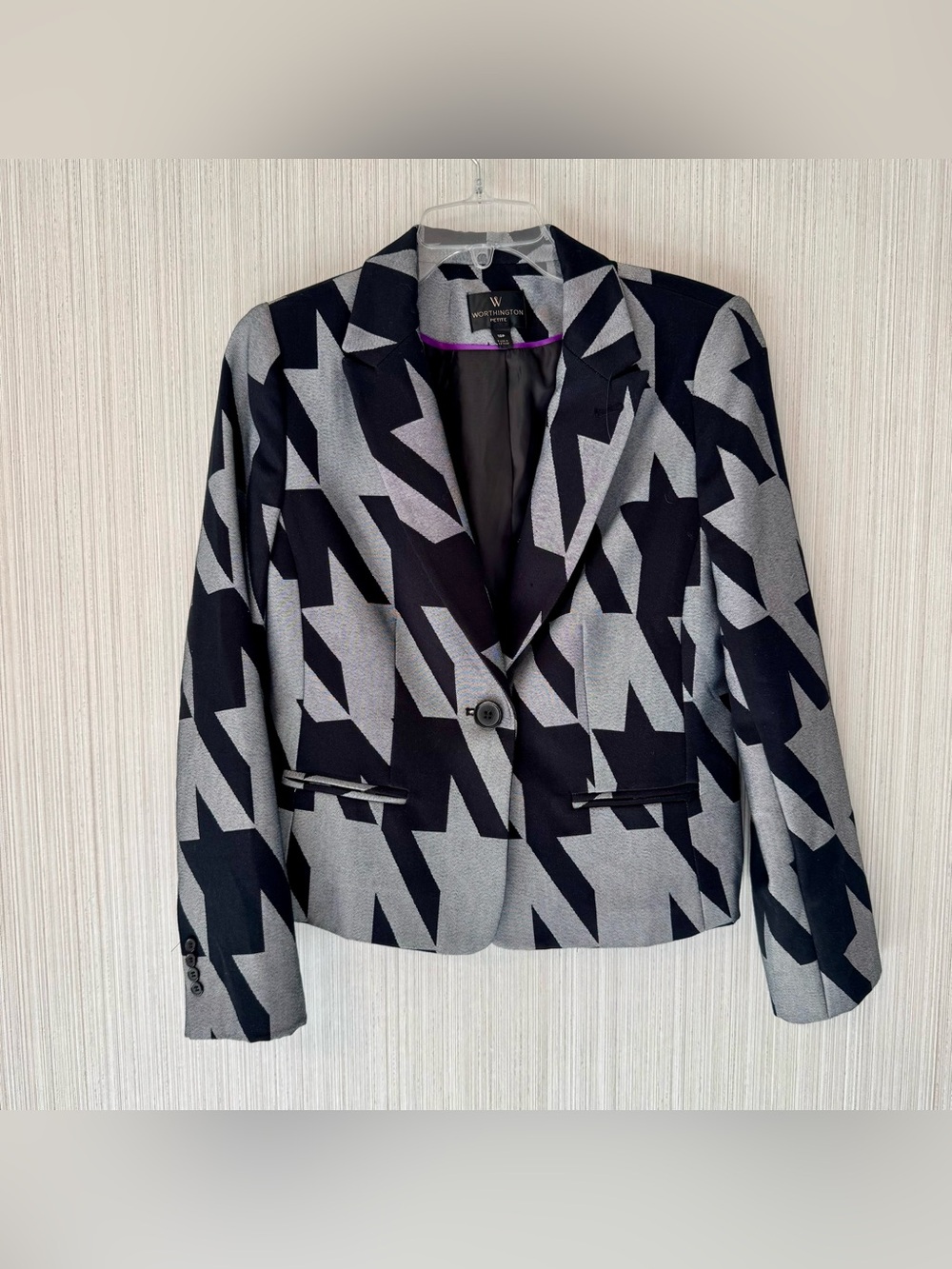 Houndstooth Geometric Pattern Blazer Gray & Black Office Party Glam Petite 10P